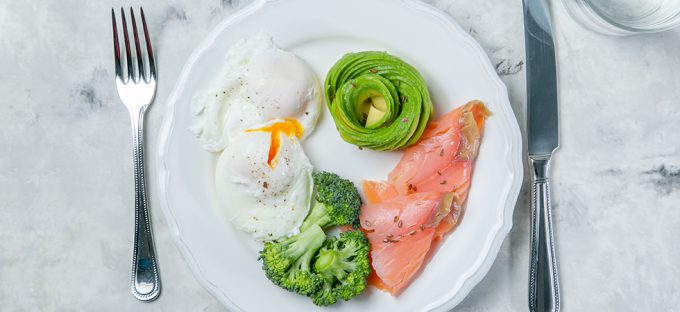 Eggs, Avocado, Salmon and Broccoli on a dinner plate